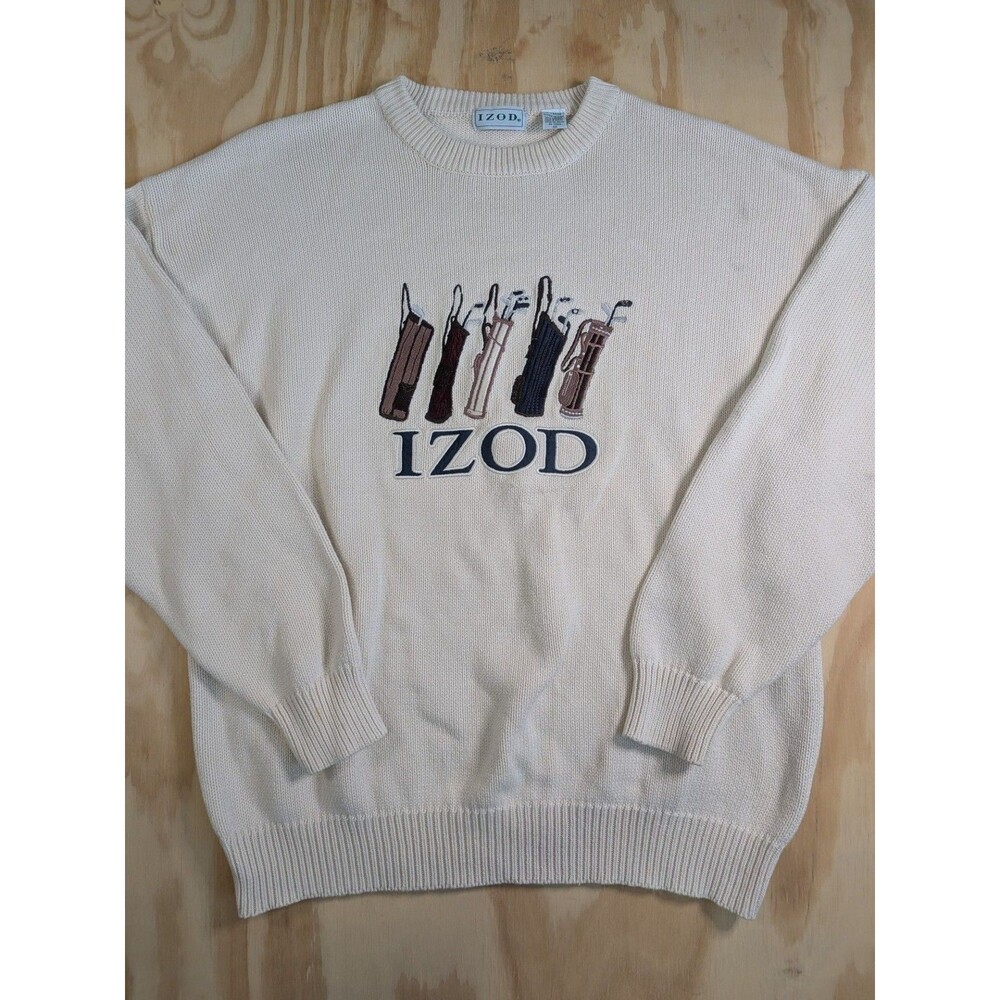 Vintage Izod Sweater Pull Over Embroidered Golf Clubs Cotton Knit Cream Large